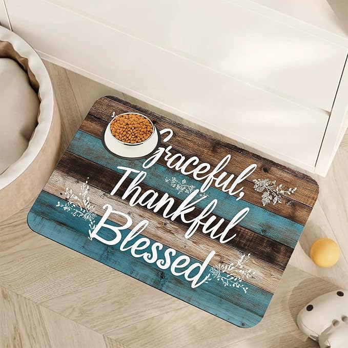 Thankful Grateful Blessed Dog Cat Food Mat, Vintage Wooden Absorbent Pet by Unknown