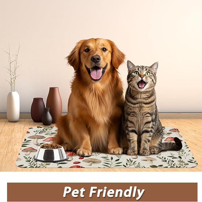 Red Mushroom Pet Feeding Mat, Fern Herb Berries Absorbent Quick-Dry Cat Dog - Image 6