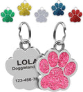 Paw Shape Dog ID Tag Stainless Steel Custom Laser Engraved, Cute Bling Glitter by Pawnimals
