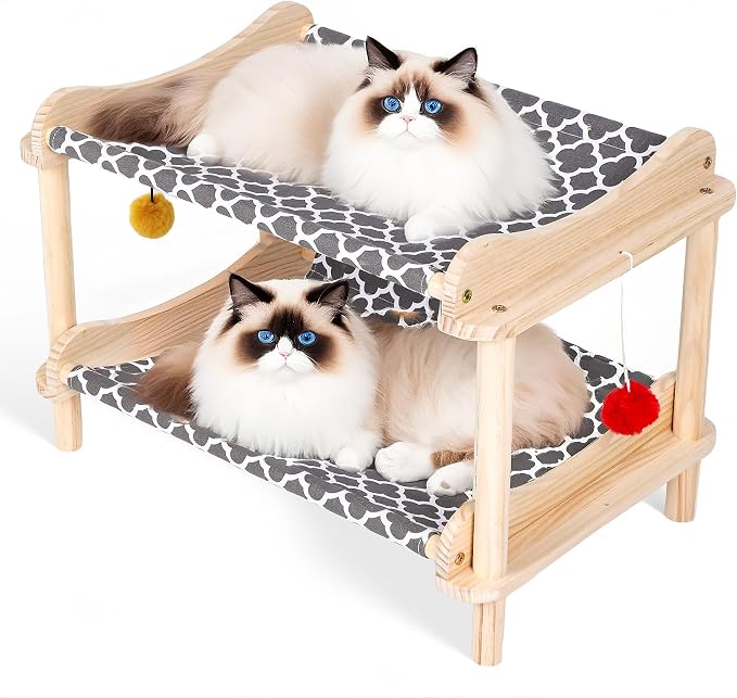 2-Layer Cat Hammock Bed, Breathable Washable Covers, Wooden Pet Furniture by MITREL