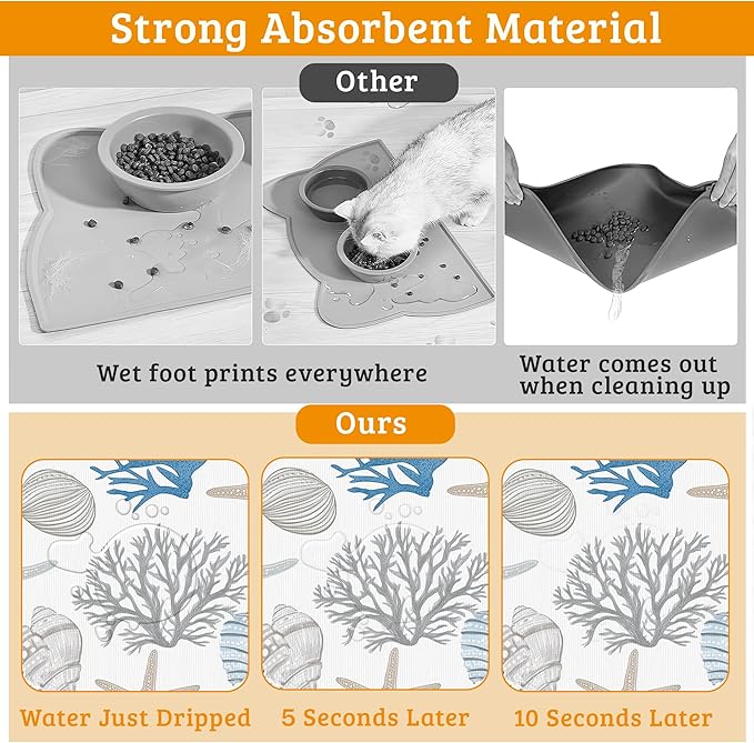 Seashell Beach Feeding Mat, Coral Starfish Absorbent Quick-Dry Cat Dog Food and - Image 3