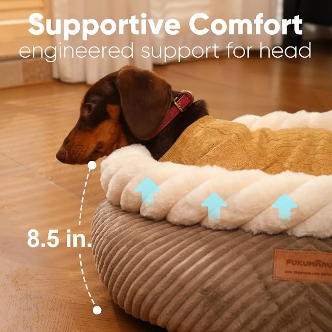 FUKUMARU Dog Bed, Calming Donut Dog Beds, Plush Faux Fur&Corduroy Cat Beds - Image 4