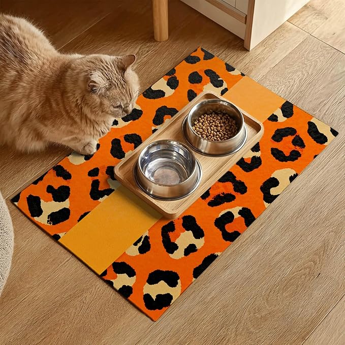 Puppy Feeding Mat 20x12 inch Orange Leopard Print Dog Bowl Placemat Non Slip Mat - Image 2