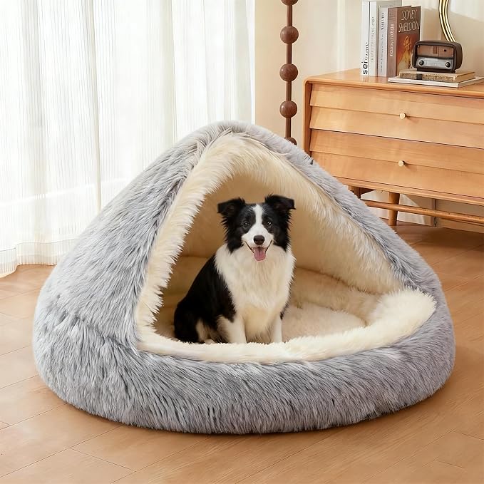 ShinHye Round Plush Fluffy Hooded Cat Bed Cave, Cozy - Image 5