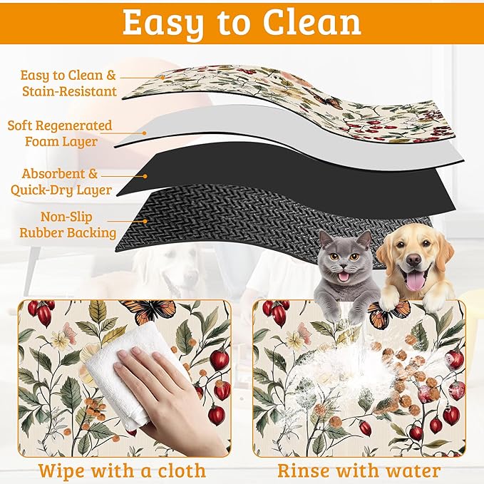 Butterfly Flower Dog Food Mat, Vintage Berry Absorbent Pet Feeding Mat - Image 5