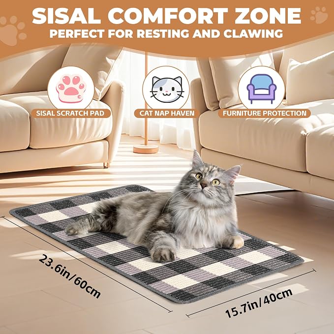 Cat Scratcher Mat, 23.6x15.7 Inch Natural Sisal Cat Scratch Pad, Horizontal Cat - Image 2