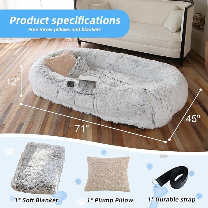 Human Dog Bed - 71"x45"x12" Fits You & Pets, Washable Faux Fur, Orthopedic - Image 5