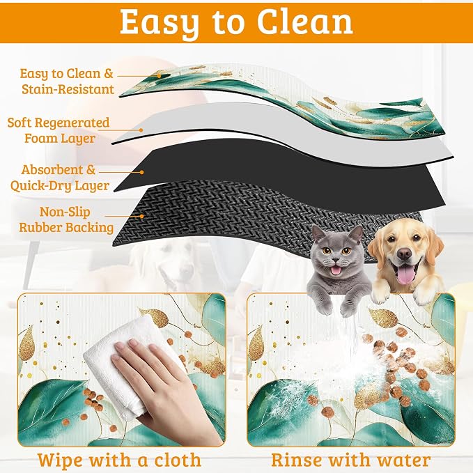 Green Plam Dog Cat Food Mat, Tropical Leaves Absorbent Waterproof Placemat - Image 5