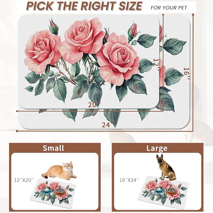 Pink Rose Pet Feeding Mat, Vintage Absorbent Quick-Dry Cat Dog Food and Water - Image 2