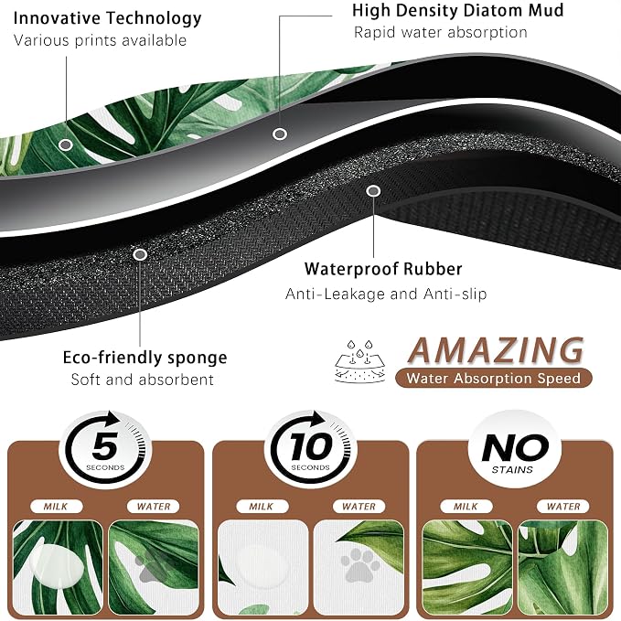 Palm Leaf Pet Feeding Mat, Boho Absorbent Quick-Dry Cat Dog Food and Water Bowl - Image 3