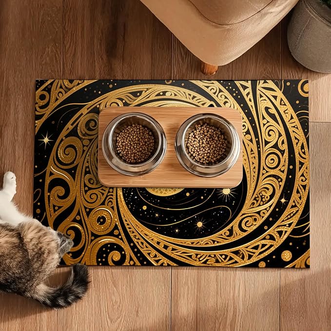 Cat Feeding Mat 24x16 inch Gold Black Artistic Cat Print Pet Bowl Placemat Non - Image 5