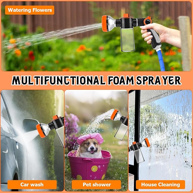 Dog Wash Hose Attachment, High Pressure Garden Water Hose Nozzle 8 Way Foam - Image 3