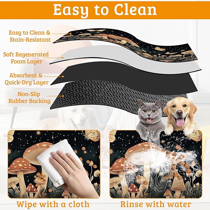Fantasy Mushroom Dog Cat Food Mat, Butterfly Stars Absorbent Waterproof Placemat - Image 5