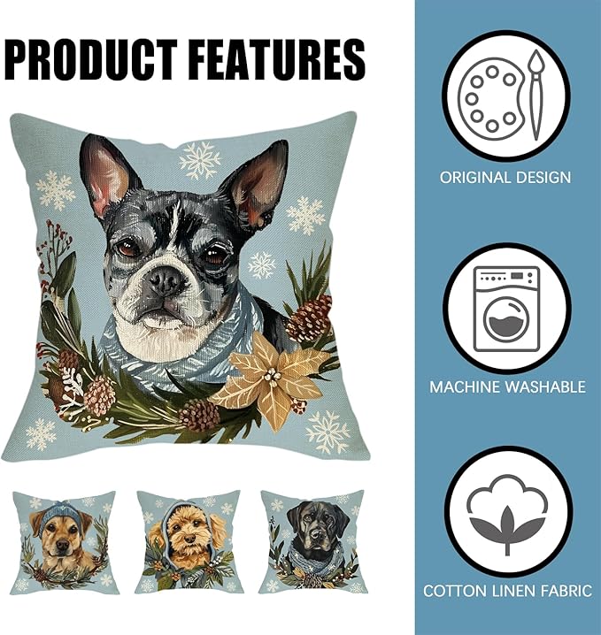 Fahrendom Winter Dogs Decorative Throw Pillow Covers 18 x 18 Set of 4, Boston - Image 4