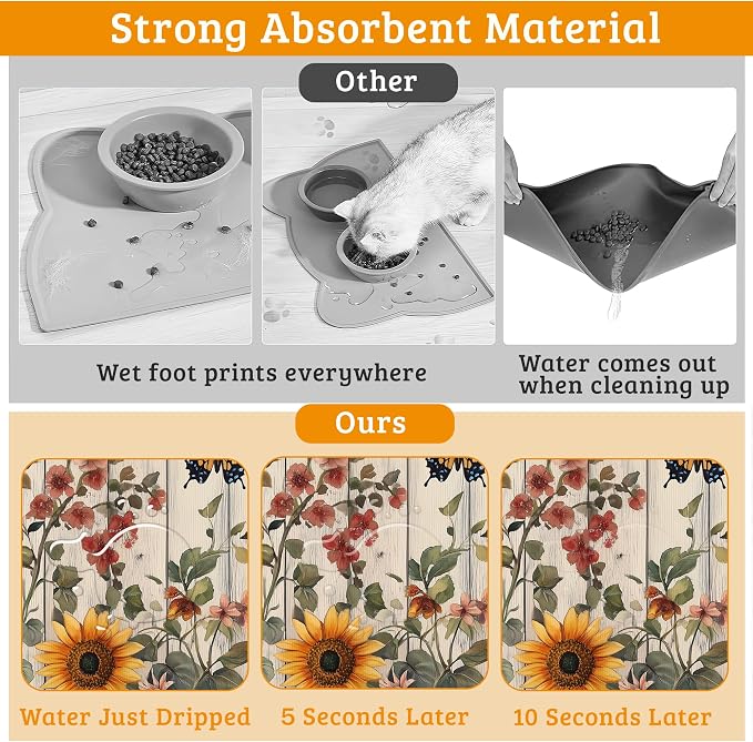 Pet Feeding Mat, Vintage Flower Absorbent Dog Cat Food Mat Rustic Wooden Dog Mat - Image 3