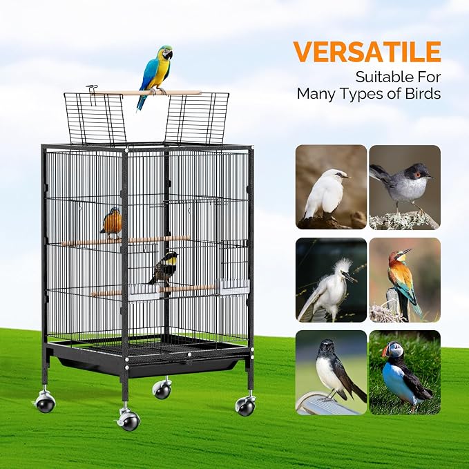 VINGLI Bird Cage with Wheels, Durable Wrought Iron Parakeet Cage with Slide Out - Image 8