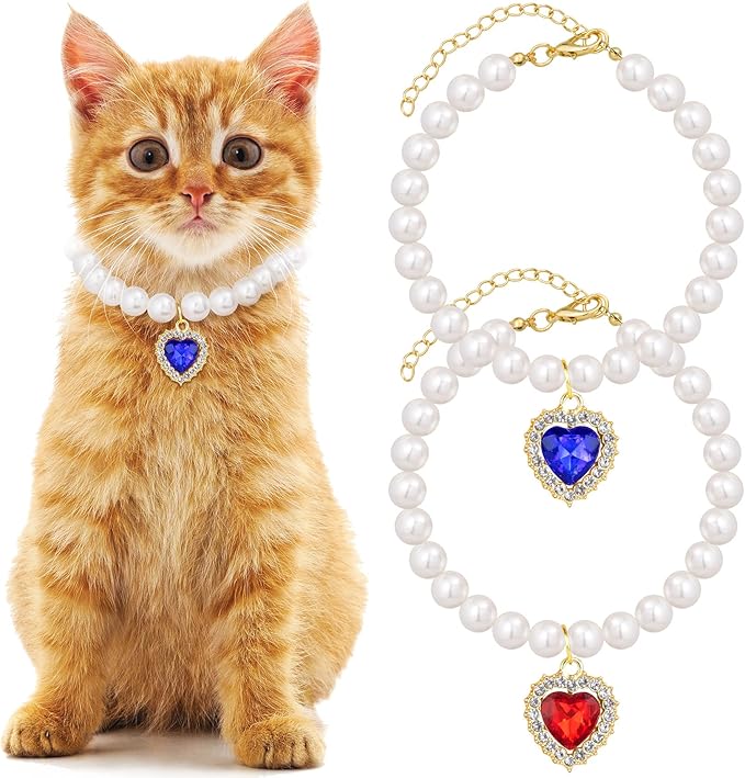 2pcs Pearl Collar for Cat Puppy, Small Cute Heart Shape Rhinestone Pet Necklace by Unknown