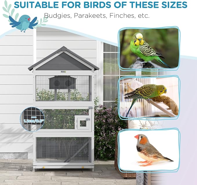 PawHut Wooden Bird Aviary, Three Doors, Perches - Image 5