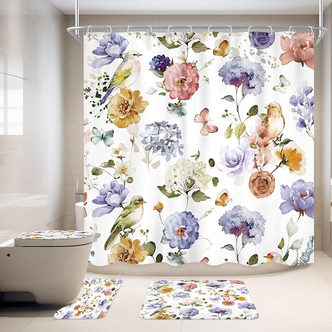 4 PCS Purple Floral Birds Bathroom Set - Image 3