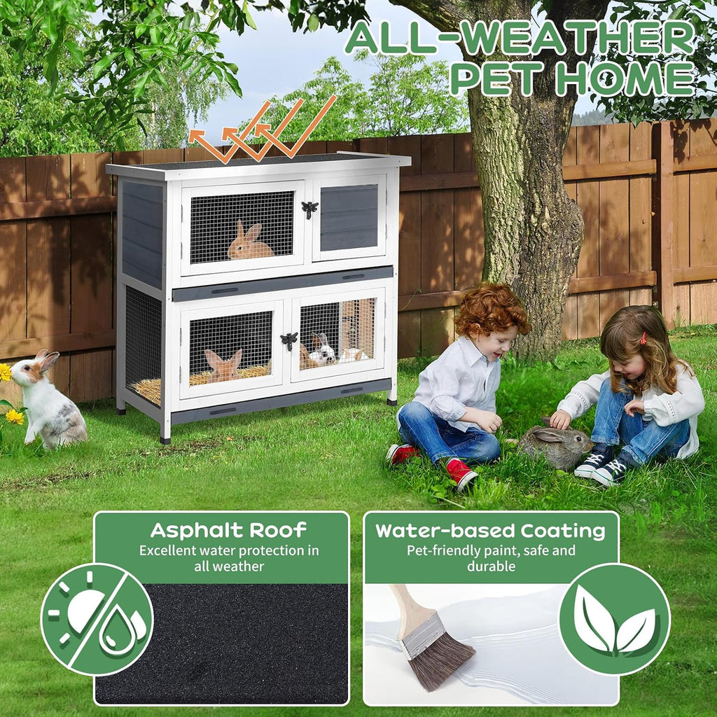 2-Story Solid Wood Rabbit Hutch with 2 Main Rooms, Grey - GlobalHabitat Supply