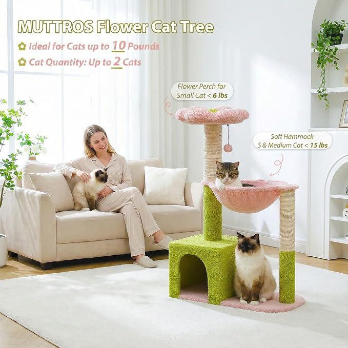 Flower Cat Tree with Large Metal Frame Hammock, Cat Condo with Pink Top Perch - Image 2