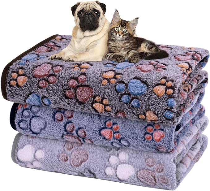 Dono 1 Pack 3 Dog Blankets for Small Dogs, Soft Fluffy Paw Print Pattern Fleece by Dono