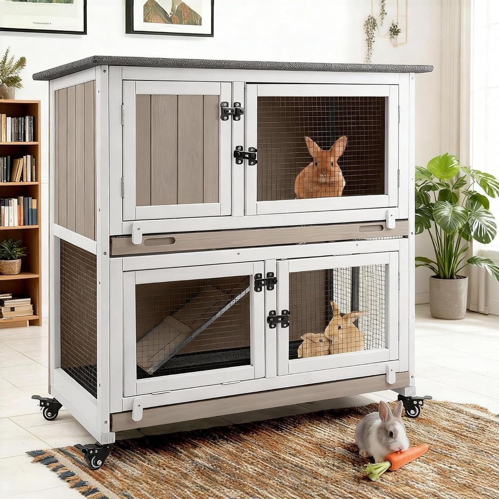 2-Story Wooden Rabbit Cage with 2 Pull-Out Trays, 4 Wheels - GlobalHabitat Supply