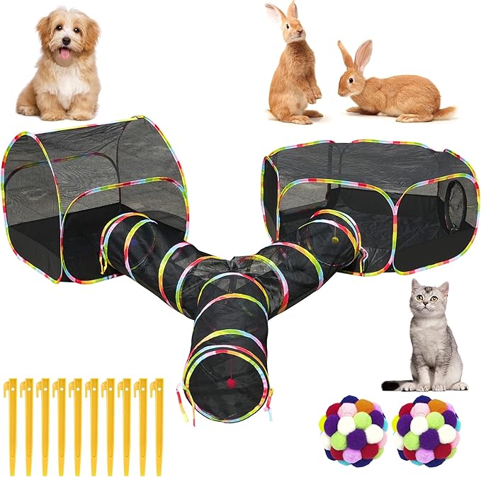 Outdoor Cat Enclosure with Cat Tunnel, Playhouse and Cat Toy Ball with Bell by Naielfopet
