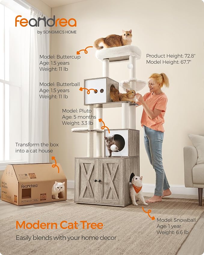 Feandrea Cat Tree with Litter Box Enclosure, 70.1-Inch Tall Cat Tower, 2-in-1 - Image 2