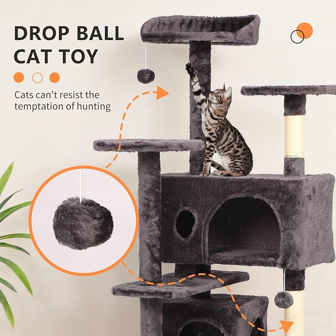 BestPet | 54" Cat Tree Tower | Purple Gray | Sturdy, Hanging Cat Toys, - Image 3