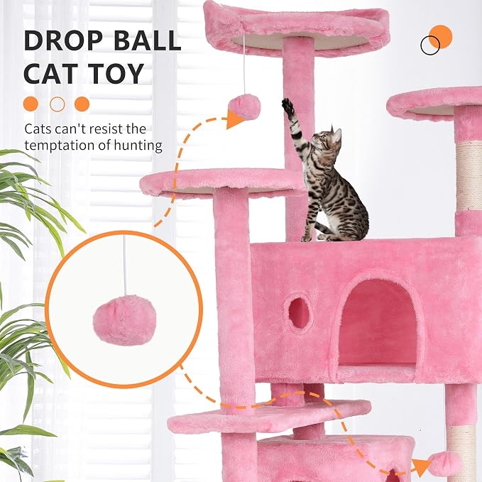 70 Inch Pink Cat Tree, Tall Cat Tower - Image 2