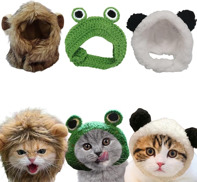 3pcs Hat for Cat Animal Costume Pack, Lion Head for Cats, Cat Panda Costumes by HomedyCrafts