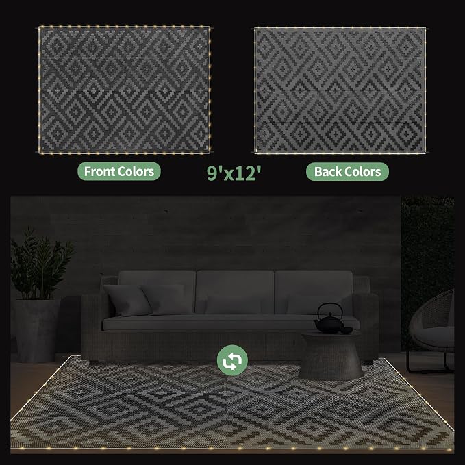 GENIMO Outdoor Rug with LED Strip Lights, Reversible Plastic Straw Rugs - Image 6