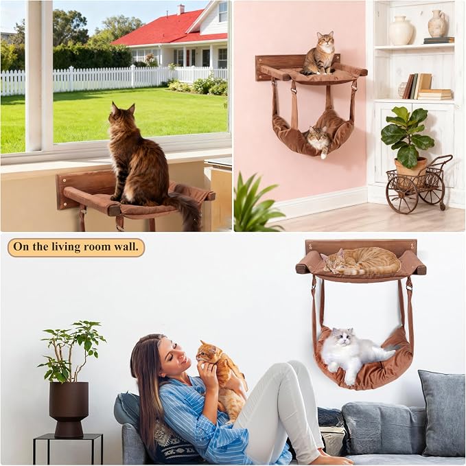 JSPYFITS Wooden Cat Wall Hammock, 18.9 x 12.6 Inch Double Layer Cat Furniture - Image 7