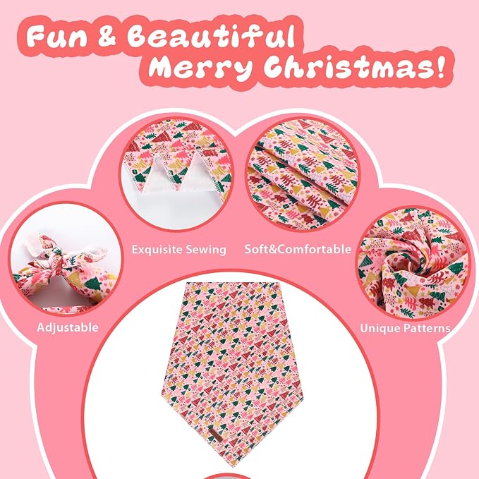 Christmas Dog Bandana–Pink Christmas Tree Triangle Scarf - Image 2
