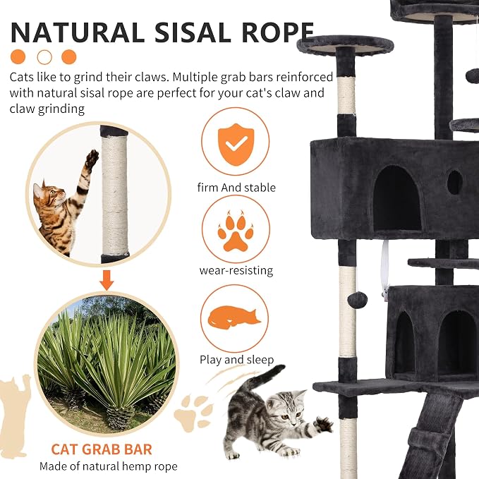 BestPet | 70" Cat Tree Tower | Dark Gray | Sturdy, Hanging Cat Toys, - Image 4
