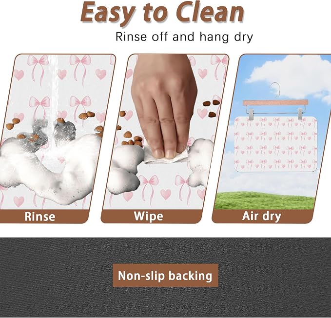 Cute Pink Bow Dog Food Mat for Floors, Heart Absorbent Pet Food and Water Bowl - Image 4