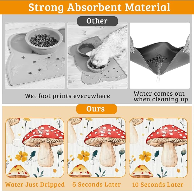 Pet Feeding Mat, Mushroom Absorbent Dog Cat Food Mat Flowers Dog Mat - Image 3