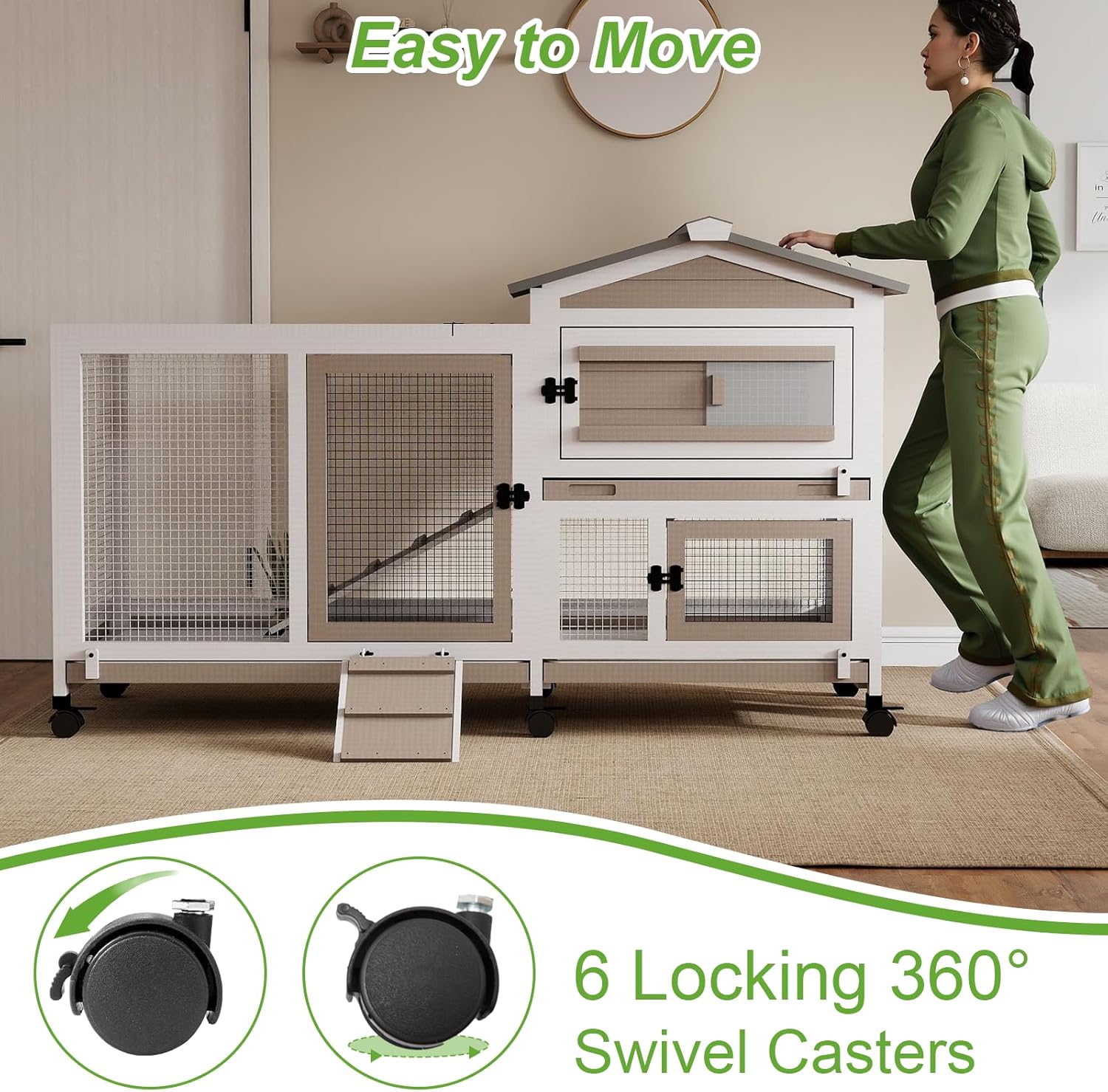 2-Story Wooden Rabbit Hutch with 6 Lockable Wheels - GlobalHabitat Supply