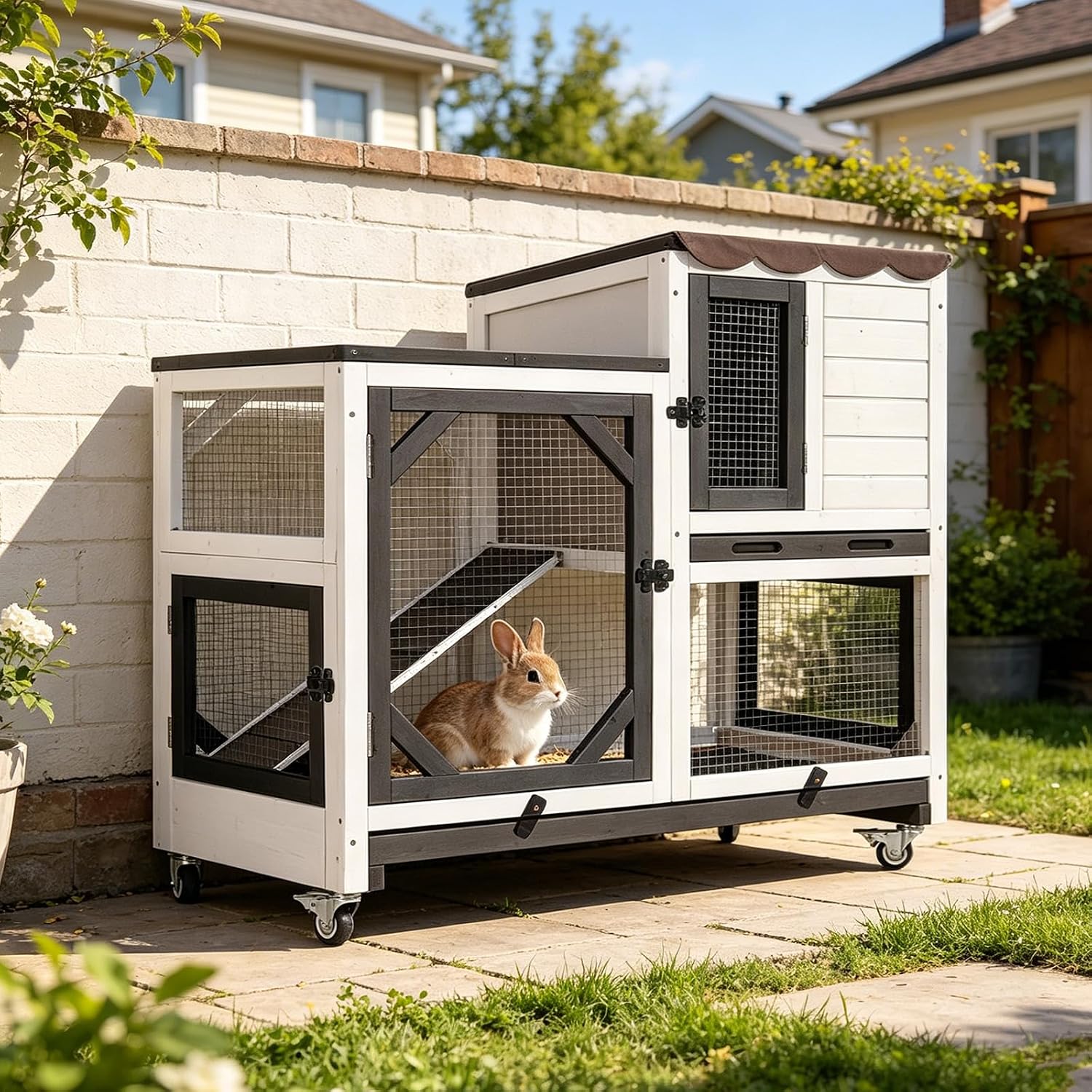 Gutinneen 39.3" Rabbit Hutch with Wheels, Black and White - GlobalHabitat Supply