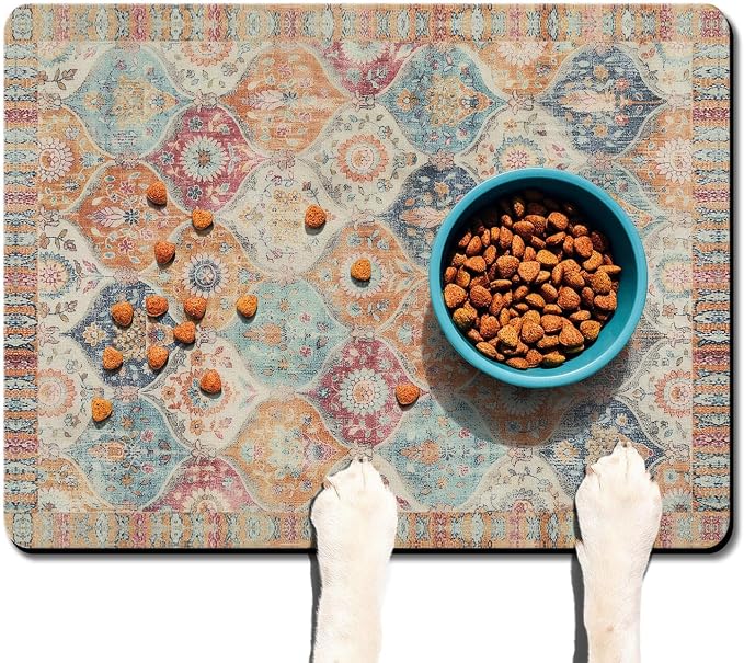 Moroccan Trellis Dog Food & Water Mat, Mexican Talavera Boho Colorful Pet - Image 2