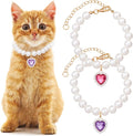 2pcs Cat Dog Pearl Collar, Small Heart Shape Rhinestone Pet Necklace, by Unknown