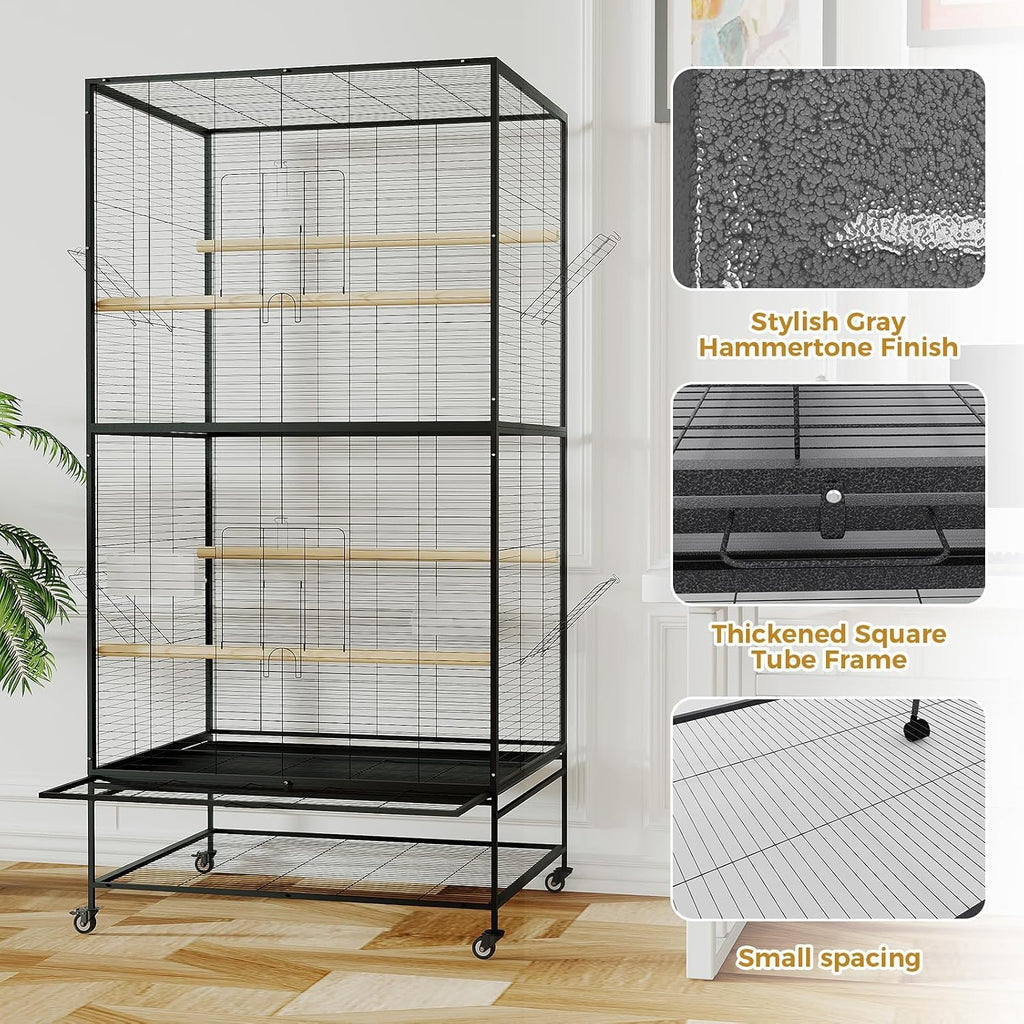 66-Inch Wrought Iron Parrot Flight Cage with Rolling Stand - GlobalHabitat Supply