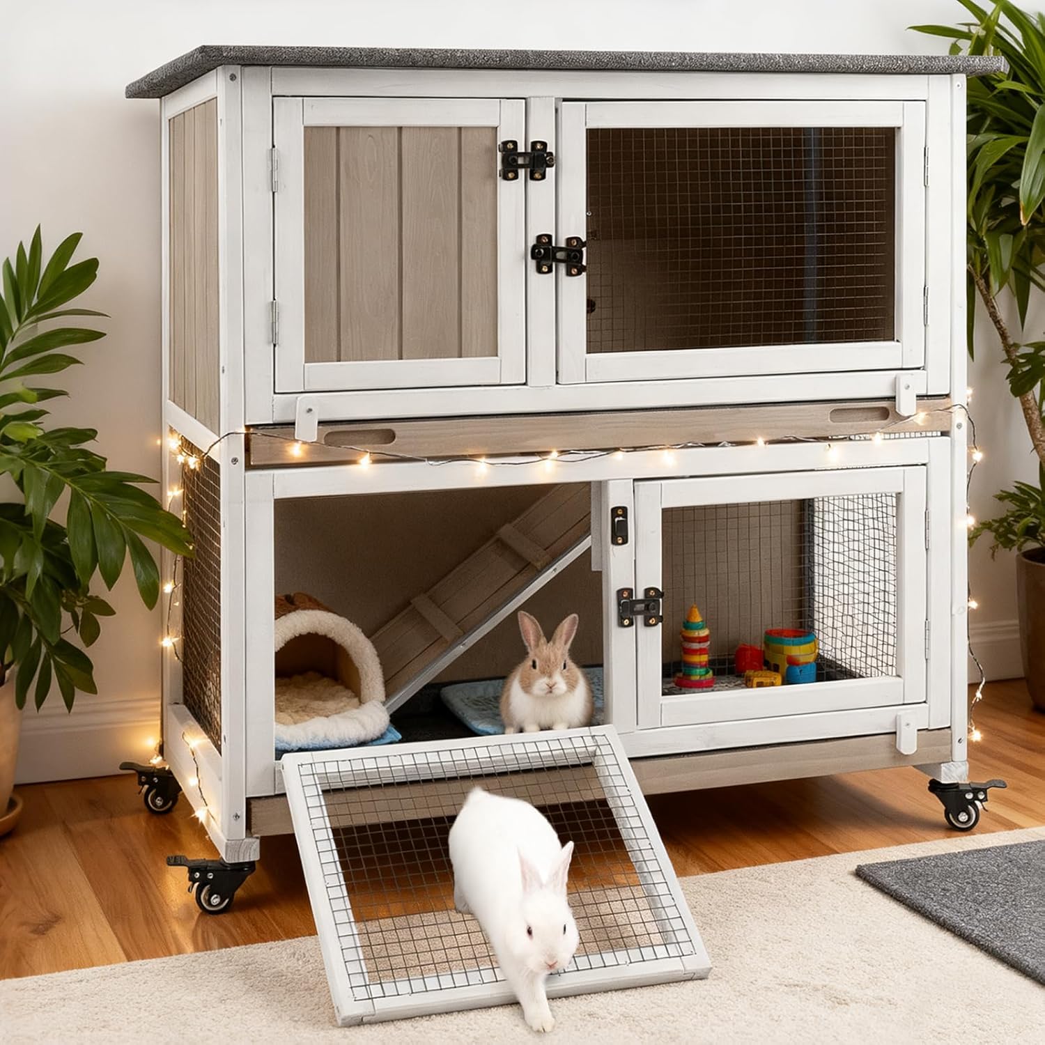 Gowoodhut 36" 2-Story Rabbit Hutch with 4 Wheels, Grey - GlobalHabitat Supply