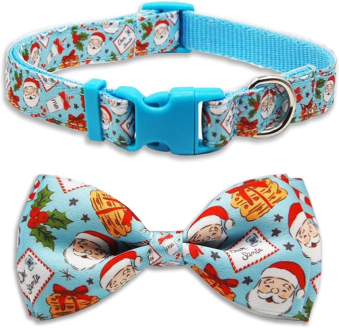 Christmas Dog Collar with Bow Tie Set, Holiday Santa Claus Pattern Pet Collar by PohshidoPet