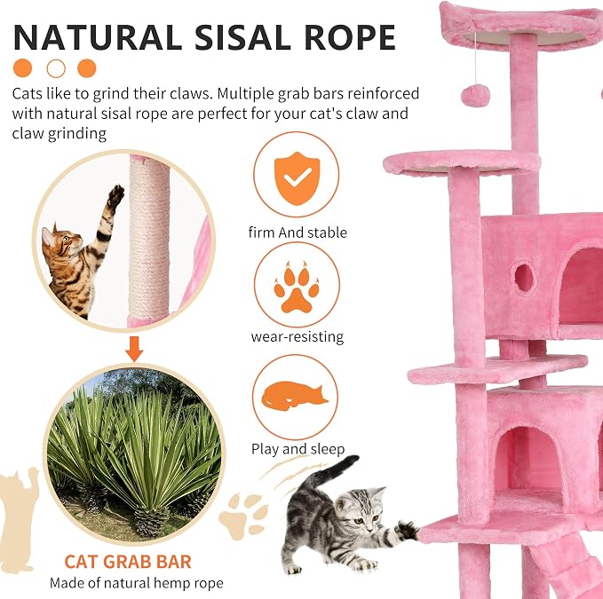 BestPet | 70" Cat Tree Tower | Pink | Sturdy, Hanging Cat Toys, Observation - Image 4