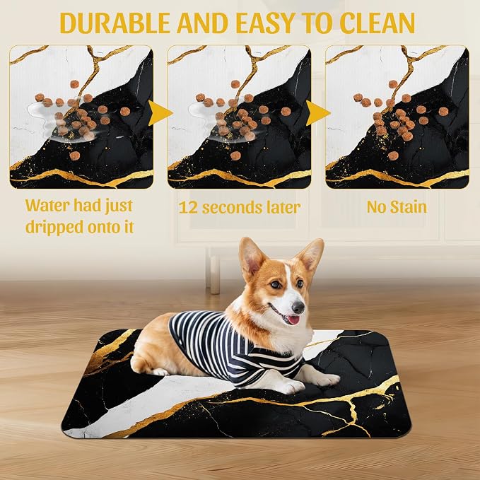 Black Gold Marble Dog and Cat Food Mat, Absorbent Feeding Placemat, Waterproof - Image 5