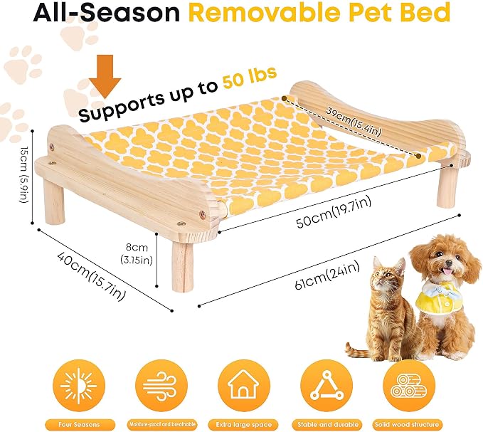 Elevated Wooden Cat Bed – 24"x15.7"x5.9" Breathable Hammock Pet Bed - Image 2