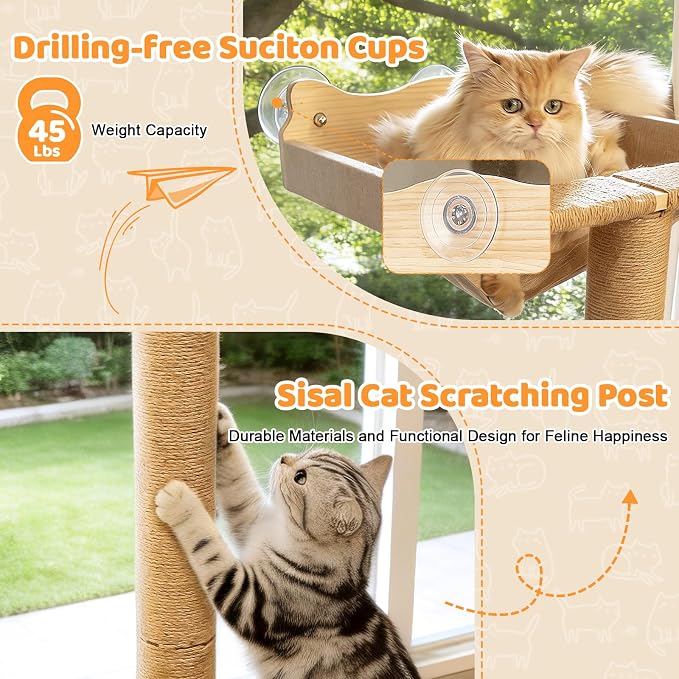 46" Cat Window Perch with 3 Adjustable Sisal Scratching Posts, Drill-Free - Image 4