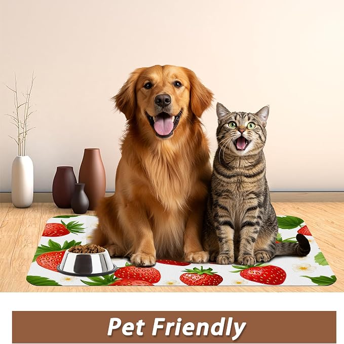 Cute Strawberry Flower Dog Cat Food Mat, Absorbent Pet Feeding Mat - Image 6